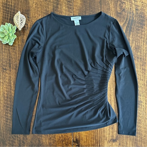 CARMEN MARC VALVO | Black Long Sleeve Ruched Top - Picture 1 of 5